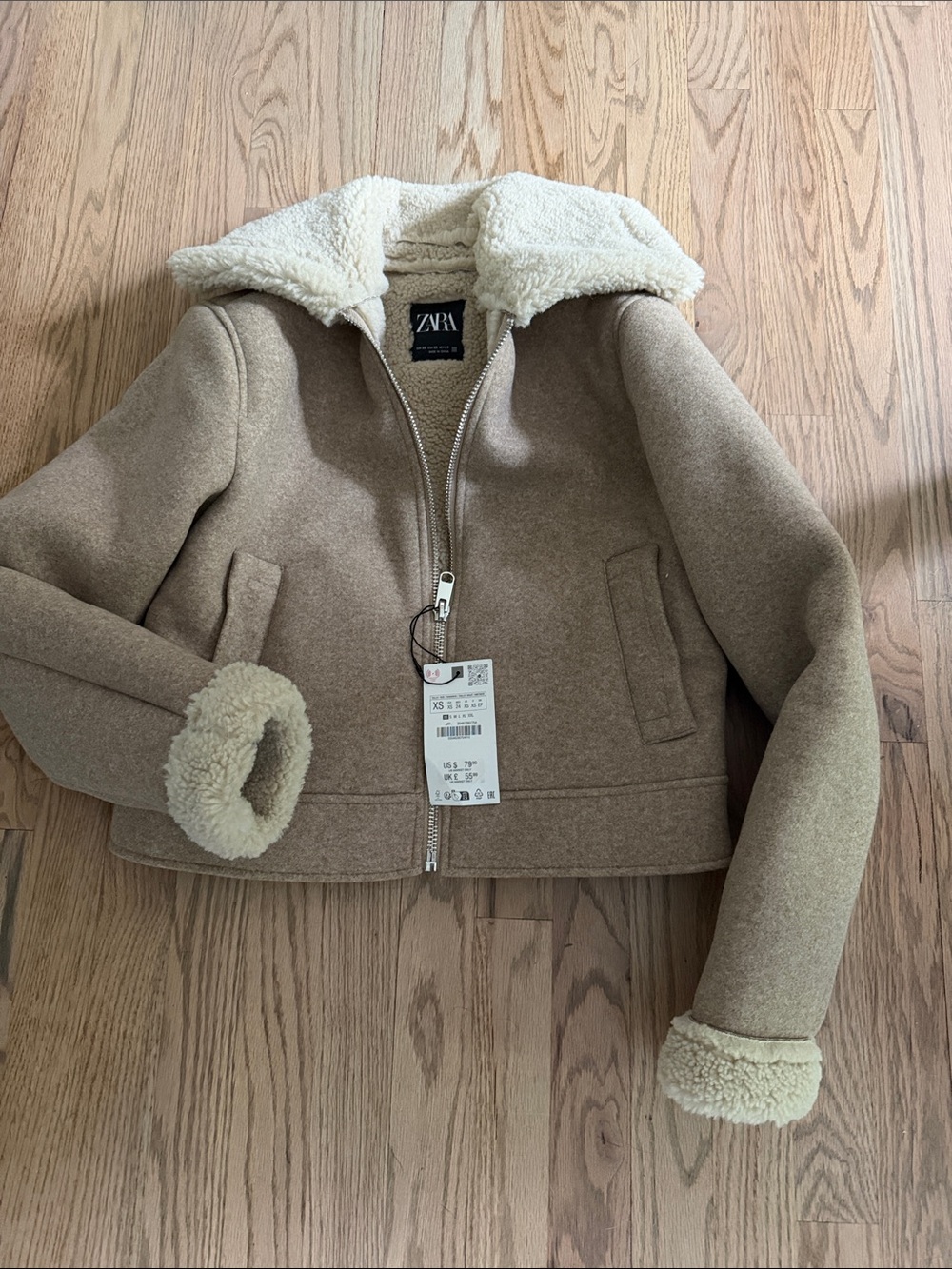 ZARA Cropped Wool-Blend Jacket with Cream Shearling Trim - Taupe